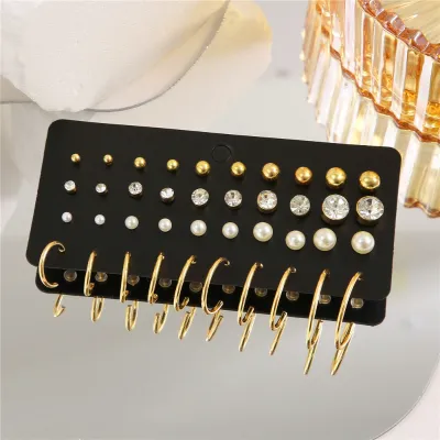 Mixed Metal Ball Heart Pearl Cuff Earrings Set (20 Pairs)